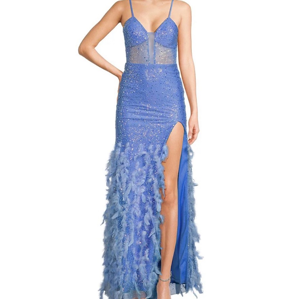 Dear Moon Womens Blue sequin Embellished Feather Evening Dress Gown Juniors 3